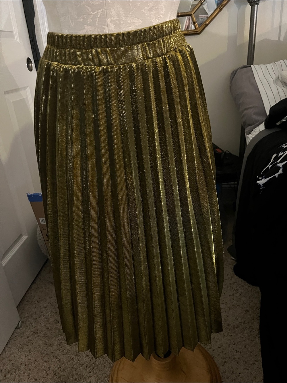 Olive Green Velvet Pleated Midi Skirt